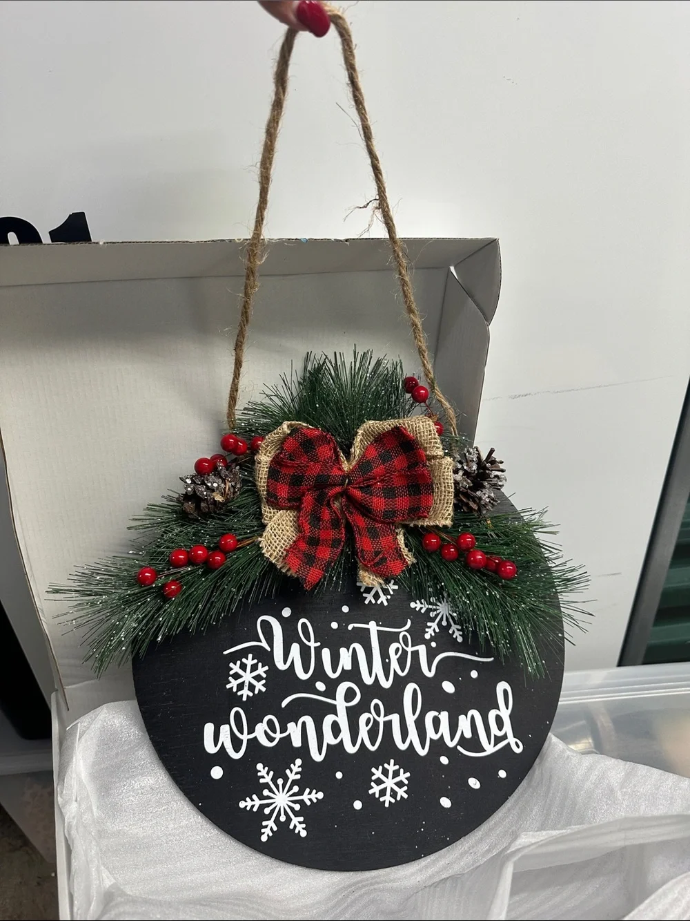 Winter Wonderland Holiday Wall Sign with Red Buffalo Plaid Bow